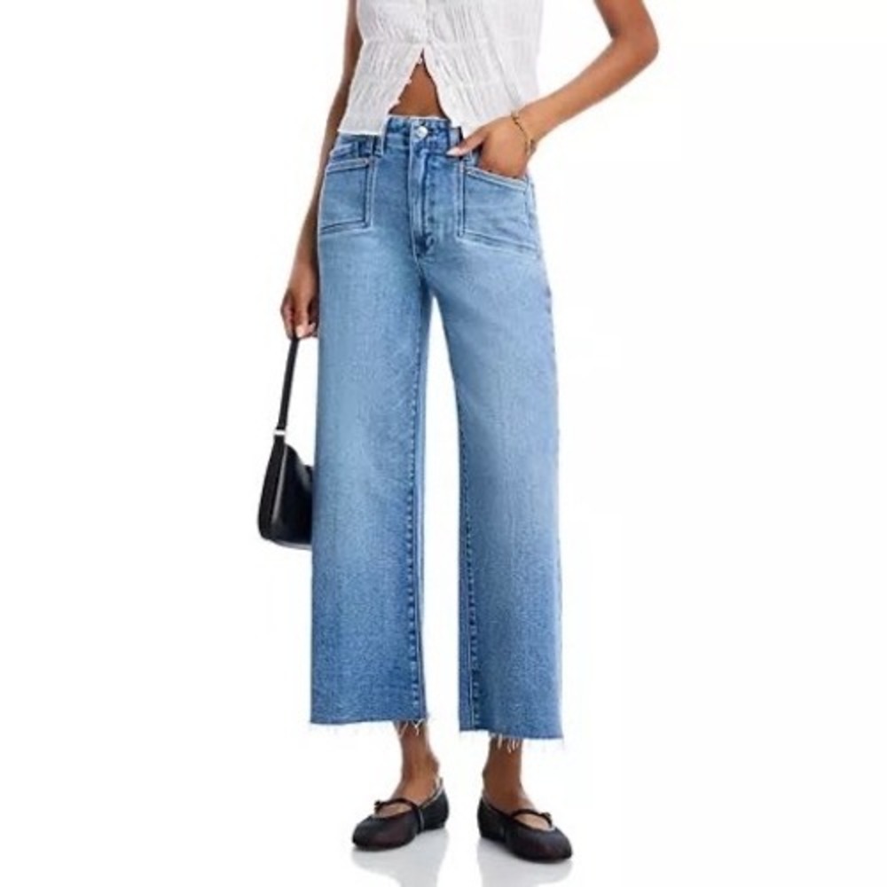 PAIGE Anessa High Rise Wide Leg Set In Patch Pocket Jeans Raw Hem Bebop Size 29